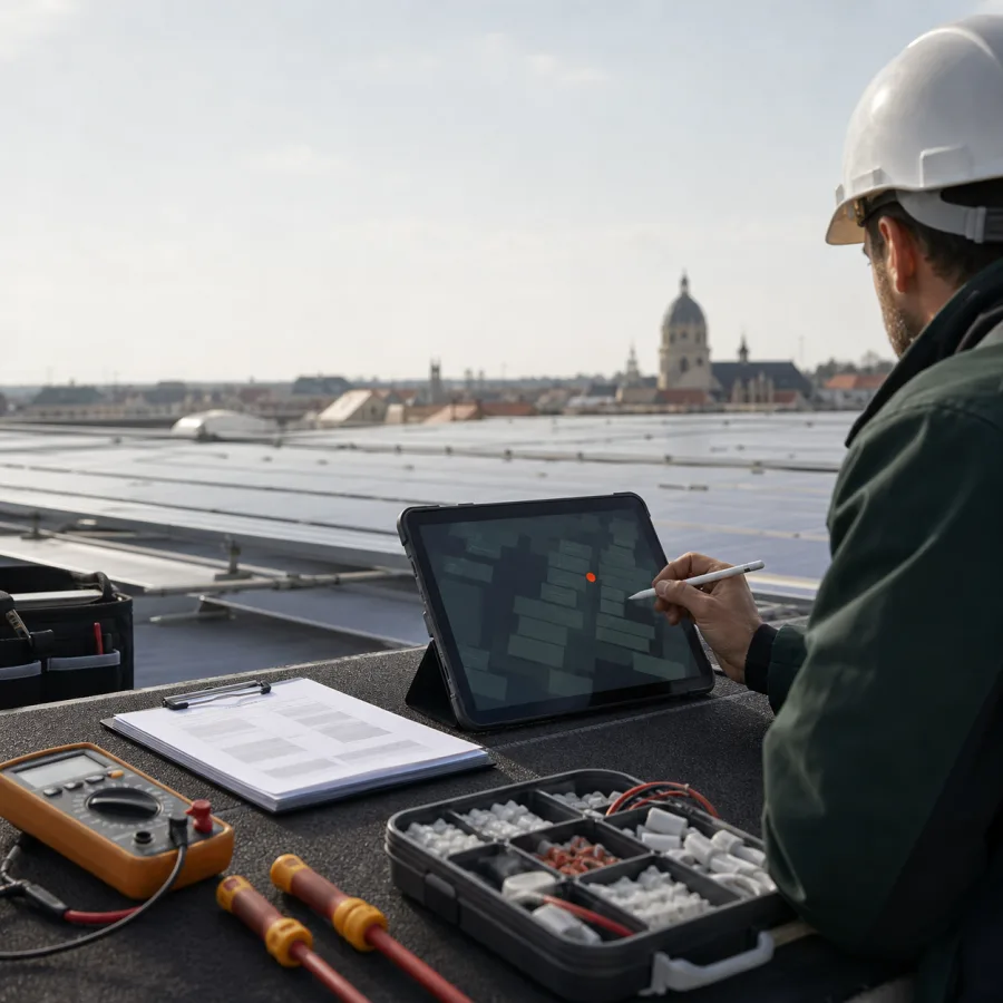 Tecnico sul tetto di un impianto fotovoltaico durante un sopralluogo, con tablet e strumentazione di misura