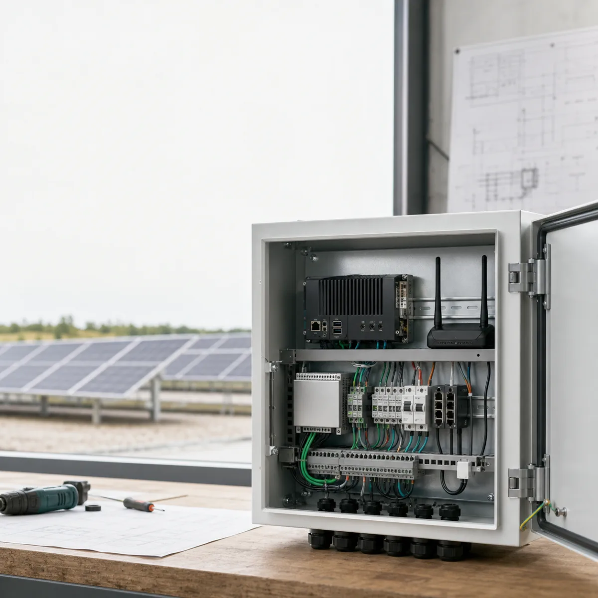 Quadro SunPilot Edge aperto su un banco da lavoro, con PC industriale e router cablati, impianto fotovoltaico visibile sullo sfondo