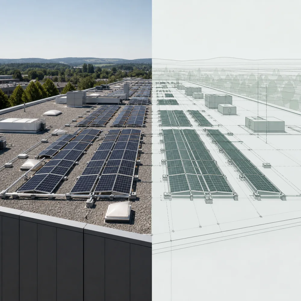 Impianto fotovoltaico reale su un tetto industriale, sovrapposto alla sua ricostruzione tecnica: il gemello digitale dell'impianto